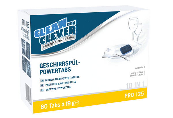 clean and clever Geschirr-Powertabs PRO 125, 50 Tabs pH: 10 - 10,5, weiss