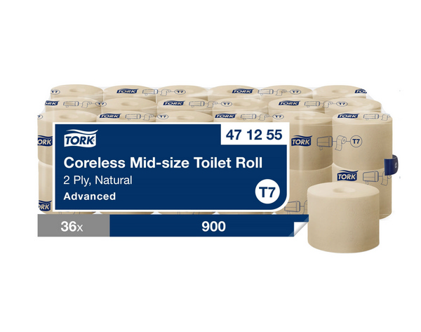 Tork Advanced Toilettenpapier Midi, 2-lagig Recycling, T7 System, 9.3x11.5cm, 900 Blatt, natur